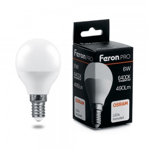 Светодиодная лампа Feron PRO LB-1406 Шарик E14 6W 6400K 38067