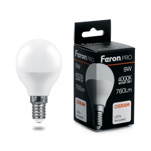 Светодиодная лампа Feron PRO LB-1409 Шарик E14 9W 4000K 38078