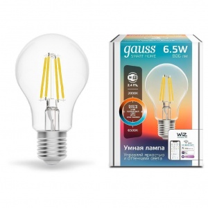 Светодиодная филаментная лампа Gauss Smart Home Filament А60 6,5W 806lm 2000-6500К E27 изм.цвет.темп.+дим. LED 1220112