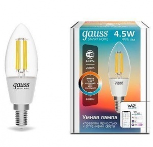 Светодиодная филаментная лампа Gauss Smart Home Filament С35 4,5W 495lm 2000-6500К E14 изм.цвет.темп.+дим. LED 1250112