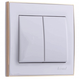  Выключатель двойной Lezard, серия РЭЙН, цвет белый с боковой вставкой золото, 703-0226-101